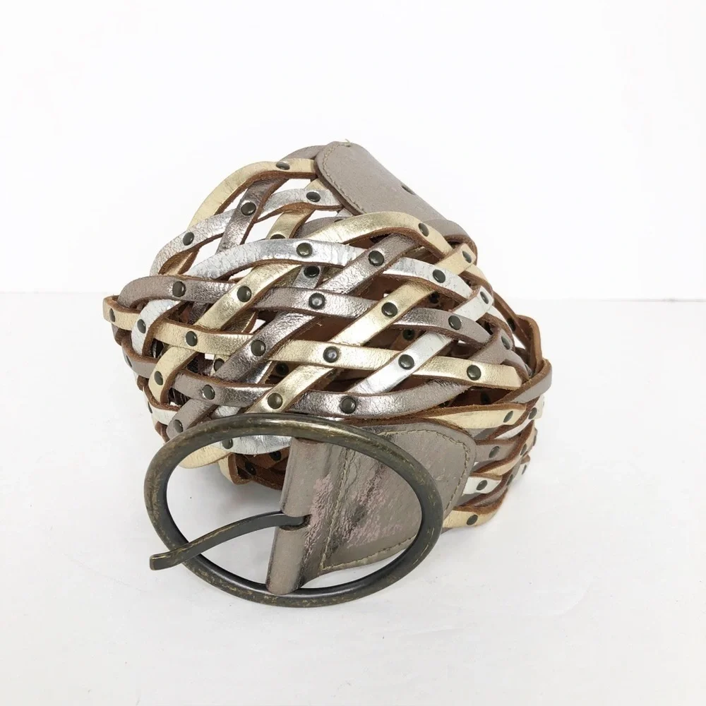 Fossil leather, metallic woven belt